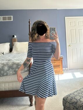 Maggy London Navy and White Off-Shoulder Striped Fit & Flare Dress